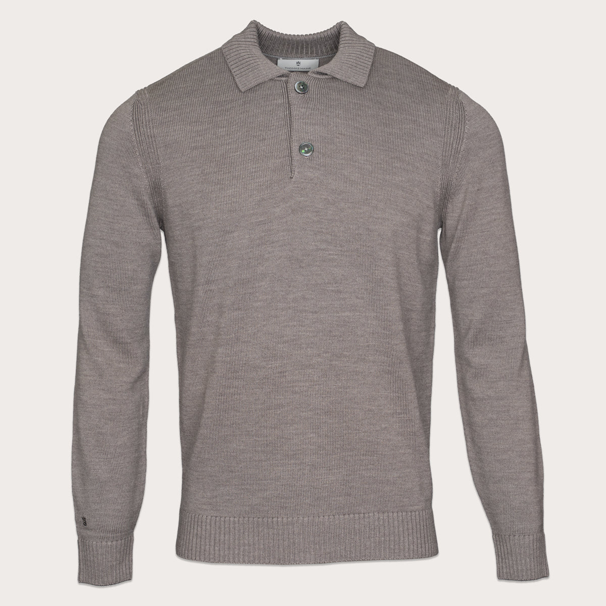 A long-sleeve knit polo sweater in a heathered taupe-gray color, featuring a ribbed collar, three-button placket, and ribbed cuffs and hem, shown against a solid off-white background. Thomas Maine Knitwear available at Sakks Menswear in Southampton.