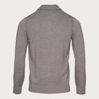 A heather gray knit sweater shown from the back, featuring a mock neck collar, ribbed cuffs, and ribbed hem, displayed on a clean off-white background. Thomas Maine Knitwear available at Sakks Menswear in Southampton.