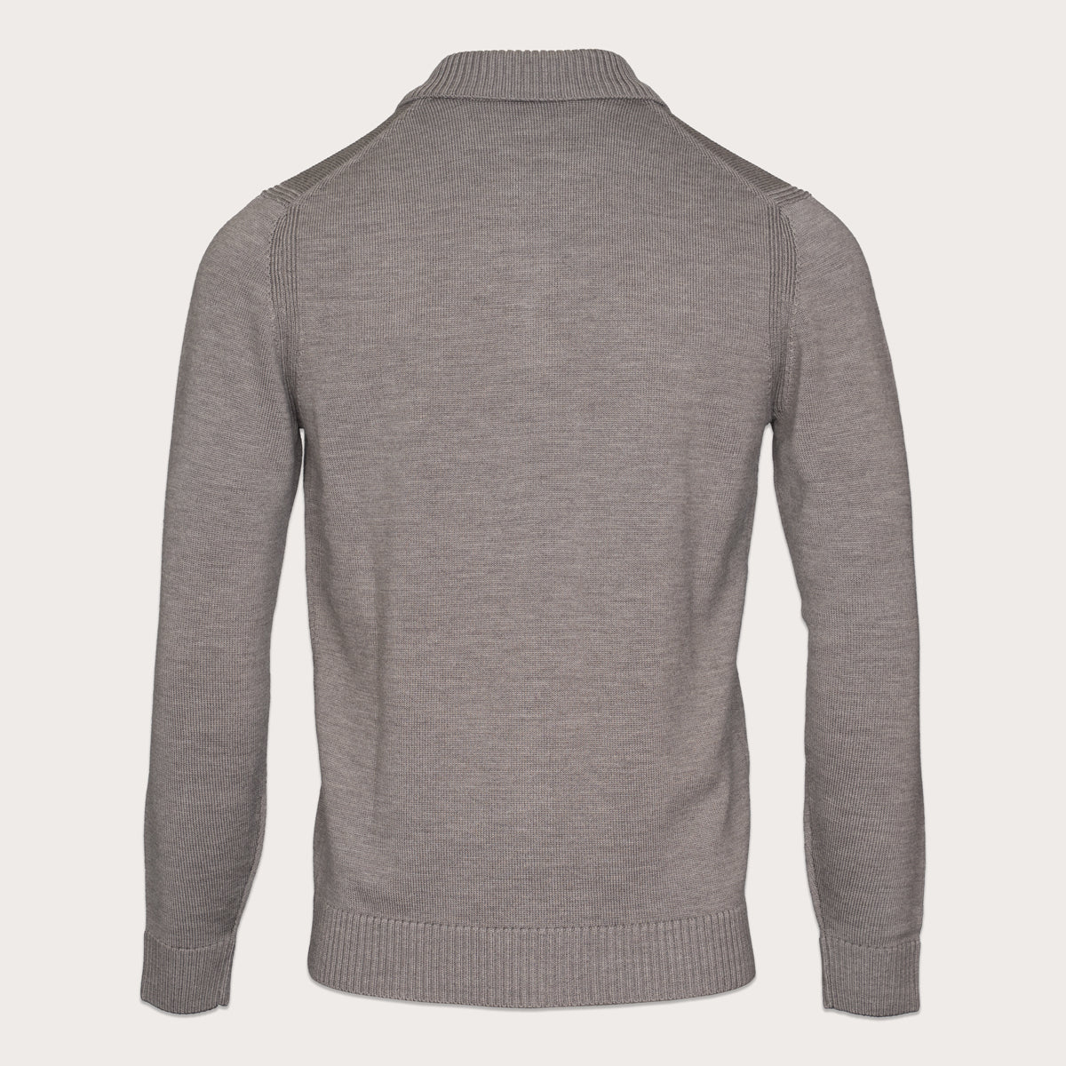 A heather gray knit sweater shown from the back, featuring a mock neck collar, ribbed cuffs, and ribbed hem, displayed on a clean off-white background. Thomas Maine Knitwear available at Sakks Menswear in Southampton.