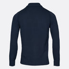 A dark navy blue knit sweater shown from the back, featuring a mock neck collar, ribbed cuffs, and a ribbed hem, displayed on a light gray background. Thomas Maine Knitwear available at Sakks Menswear in Southampton.