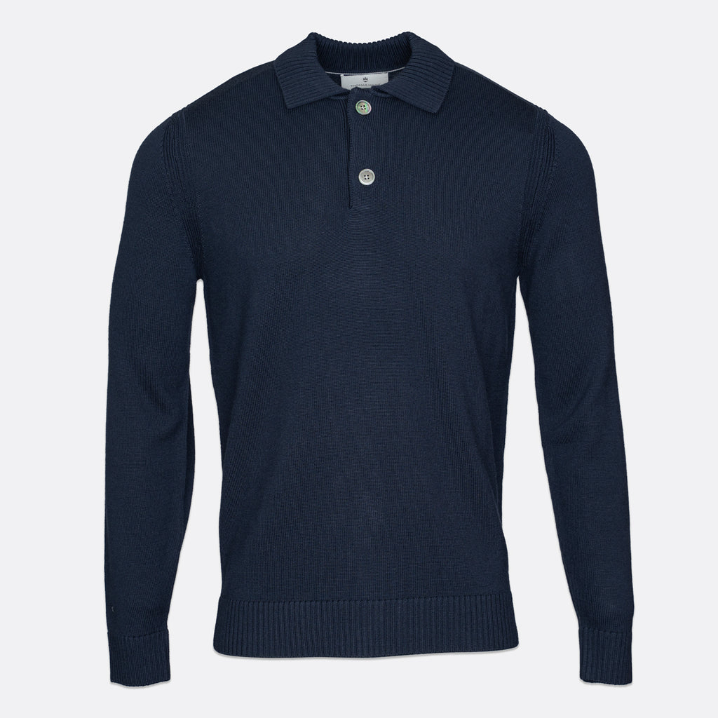 A dark navy blue long-sleeve knit polo sweater with a two-button placket, displayed on a clean, light grey background. Thomas Maine Knitwear available at Sakks Menswear in Southampton.