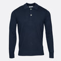A dark navy blue long-sleeve knit polo sweater with a two-button placket, displayed on a clean, light grey background. Thomas Maine Knitwear available at Sakks Menswear in Southampton.