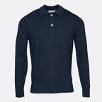 A dark navy blue long-sleeve knit polo sweater with a two-button placket, displayed on a clean, light grey background. Thomas Maine Knitwear available at Sakks Menswear in Southampton.
