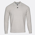 A light beige ribbed knit polo sweater with a two-button placket, displayed on a clean white background. Thomas Maine Knitwear available at Sakks Menswear in Southampton.