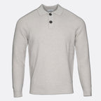 A light beige ribbed knit polo sweater with a two-button placket, displayed on a clean white background. Thomas Maine Knitwear available at Sakks Menswear in Southampton.