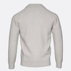 A light gray ribbed knit sweater shown from the back, featuring a classic collar and long sleeves, displayed on a clean light gray background. Thomas Maine Knitwear available at Sakks Menswear in Southampton.
