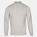 A light beige knit quarter-zip sweater with a mock neck collar, displayed on a clean, light gray background. Thomas Maine Knitwear available at Sakks Menswear in Southampton.