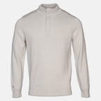 A light beige knit quarter-zip sweater with a mock neck collar, displayed on a clean, light gray background. Thomas Maine Knitwear available at Sakks Menswear in Southampton.