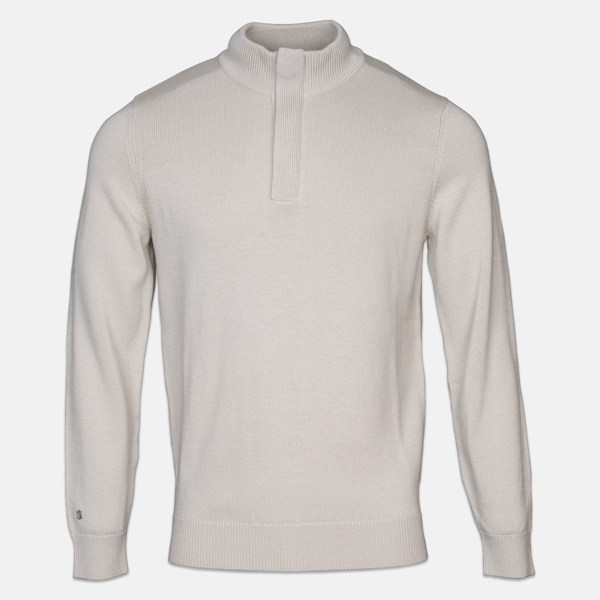 A light beige knit quarter-zip sweater with a mock neck collar, displayed on a clean, light gray background. Thomas Maine Knitwear available at Sakks Menswear in Southampton.