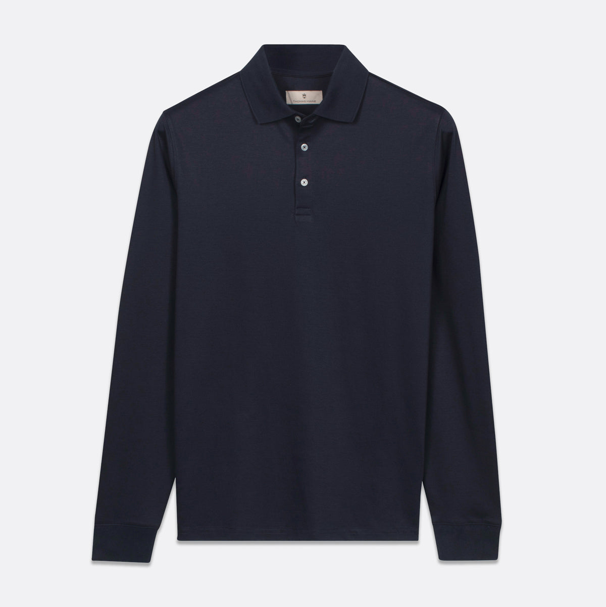 A dark navy blue long-sleeve polo shirt with a three-button placket, displayed flat against a light gray background. Thomas Maine Polos available at Sakks Menswear in Southampton.