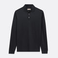A black long-sleeve polo shirt with a three-button placket, displayed flat against a light gray background. Thomas Maine Polos available at Sakks Menswear in Southampton.