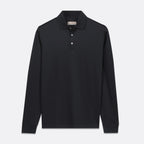 A black long-sleeve polo shirt with a three-button placket, displayed flat against a light gray background. Thomas Maine Polos available at Sakks Menswear in Southampton.
