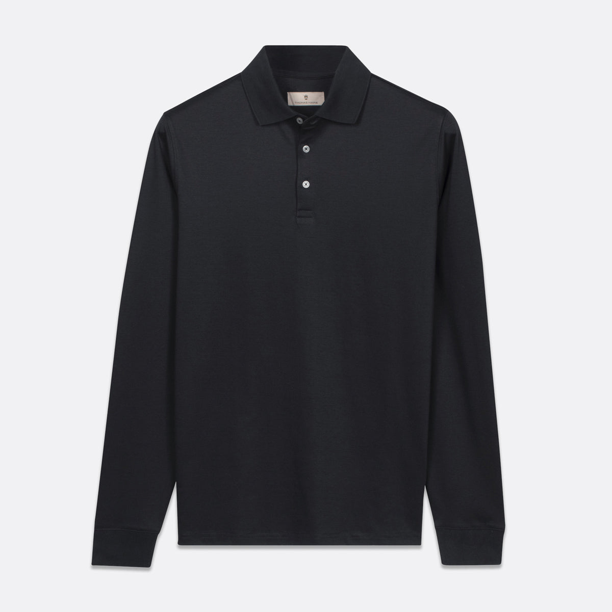 A black long-sleeve polo shirt with a three-button placket, displayed flat against a light gray background. Thomas Maine Polos available at Sakks Menswear in Southampton.