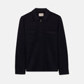 A dark navy blue zip-up jacket with a pointed collar, two chest flap pockets, and long sleeves, shown flat against a light gray background. Thomas Maine Overshirt available at Sakks Menswear in Southampton.