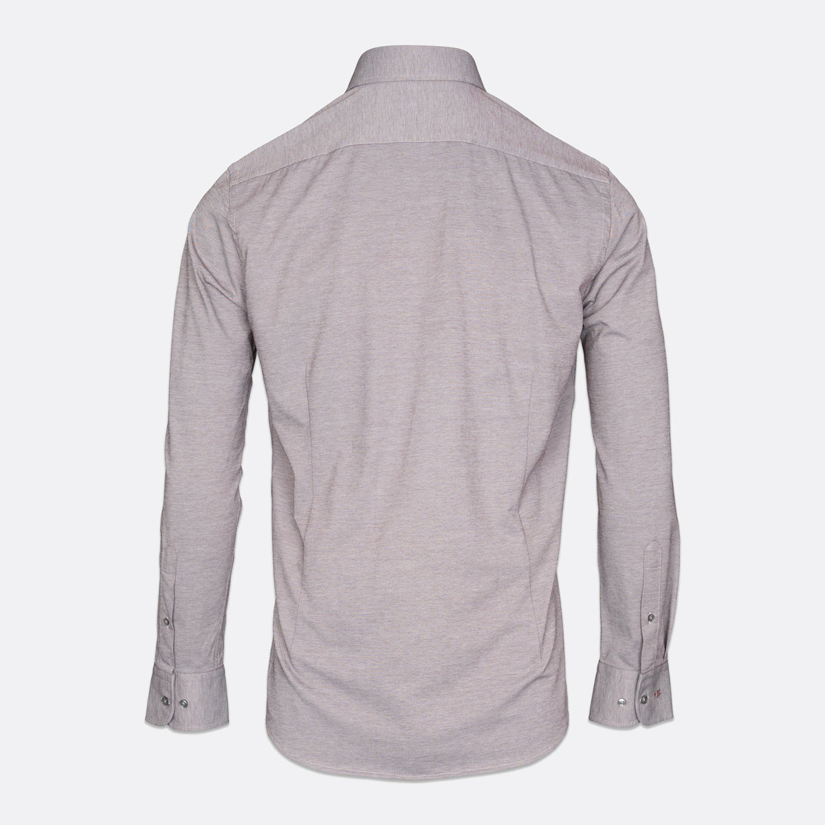 A light gray long-sleeve button-down shirt shown from the back, displayed on a clean white background. Thomas Maine Shirts available at Sakks Menswear in Southampton.