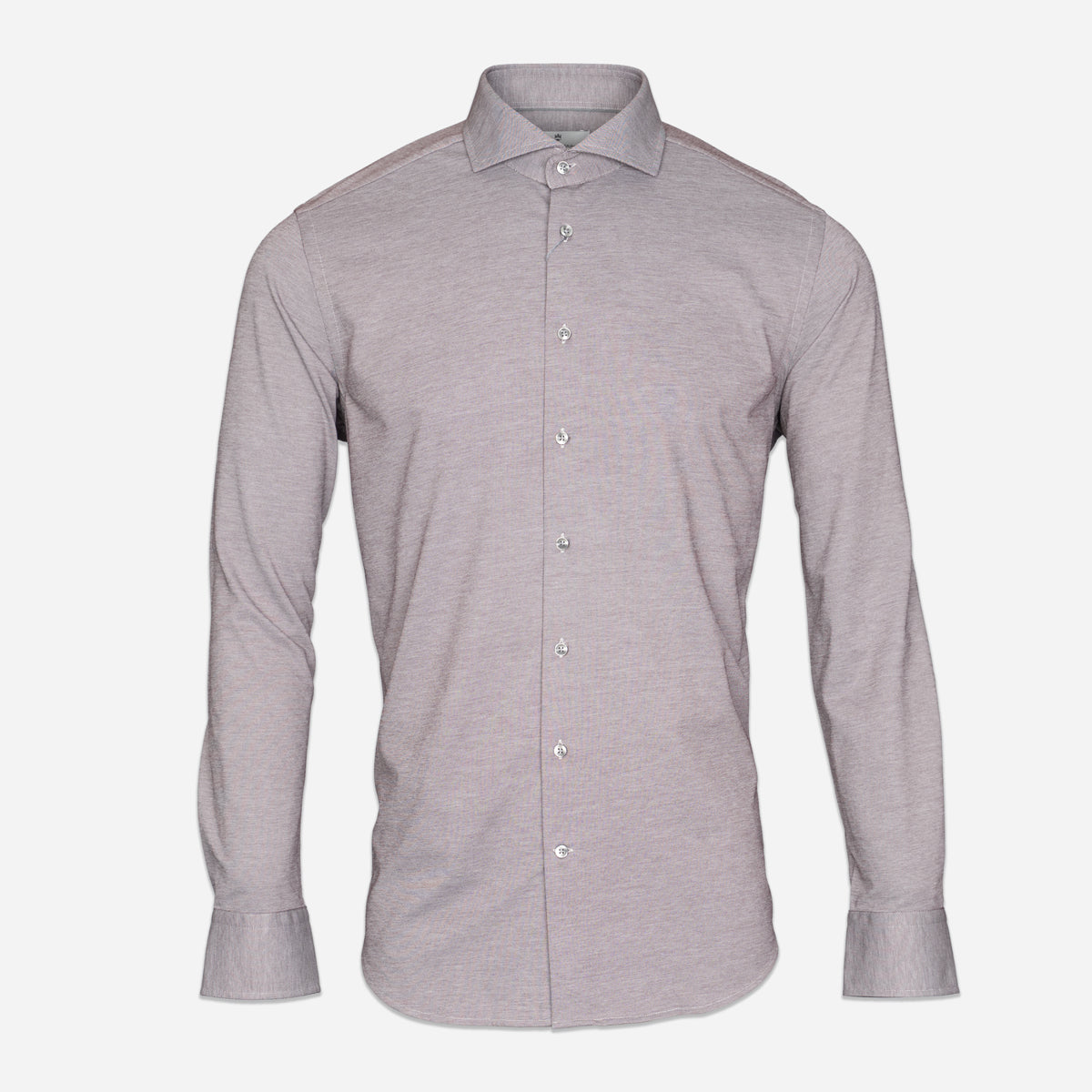 A light gray heather long-sleeve dress shirt with a pointed collar and silver buttons, shown on a clean white background. Thomas Maine Shirts available at Sakks Menswear in Southampton.