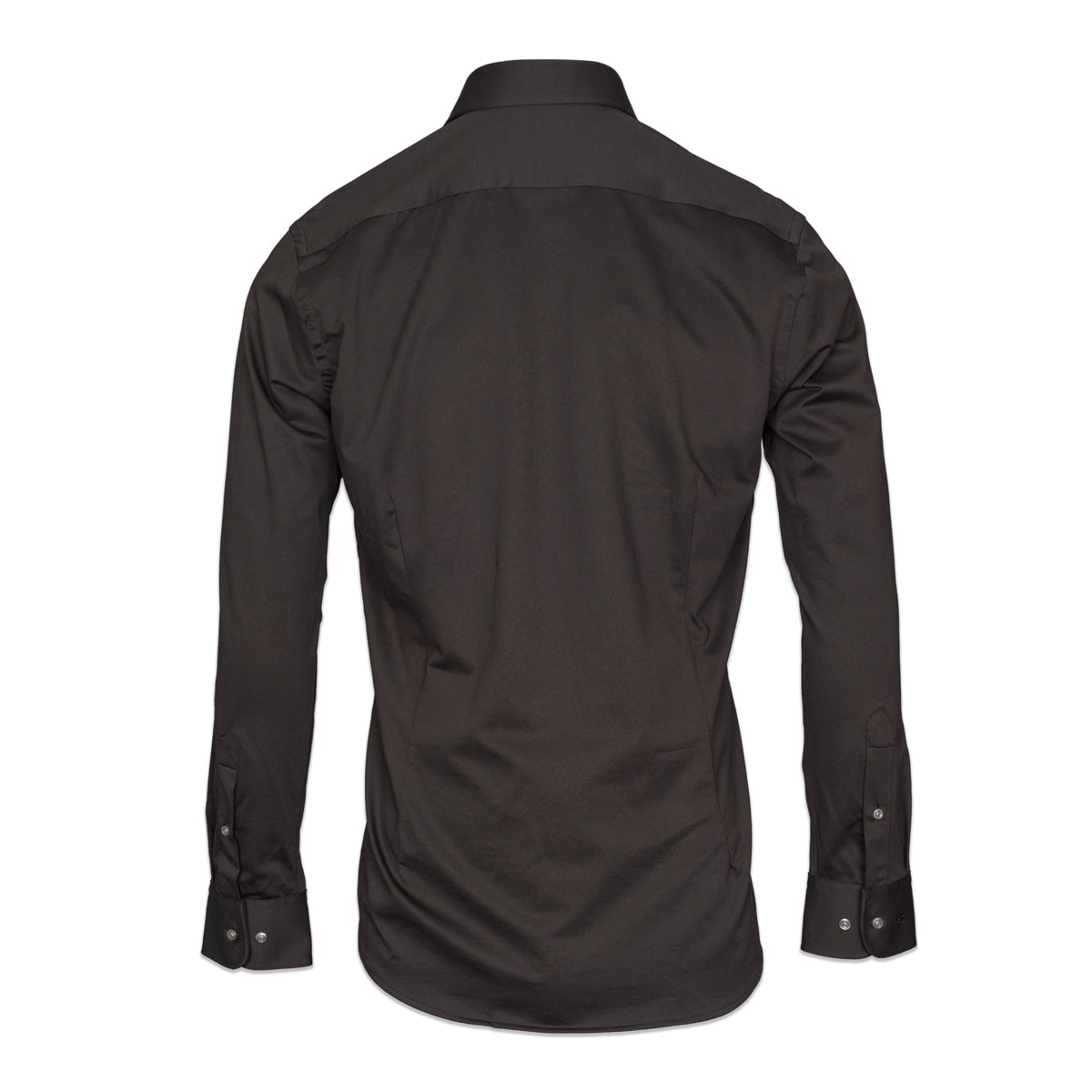 A dark brown long-sleeve button-down shirt shown from the back, displayed on a clean white background. Thomas Maine shirt available at Sakks Menswear in Southampton.