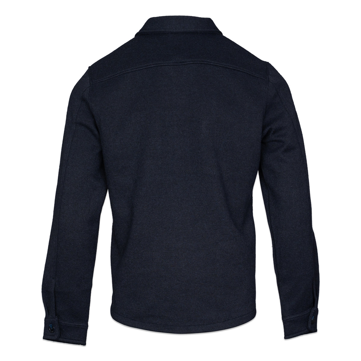 A dark navy blue zip-up jacket with a pointed collar, two chest flap pockets, and long sleeves, shown flat against a light gray background. Thomas Maine Overshirt available at Sakks Menswear in Southampton.