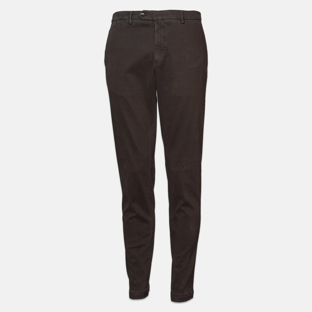 Dark brown slim-fit chinos or trousers shown flat against a light gray background. Briglia 1949 trousers available at Sakks Menswear in Southampton.