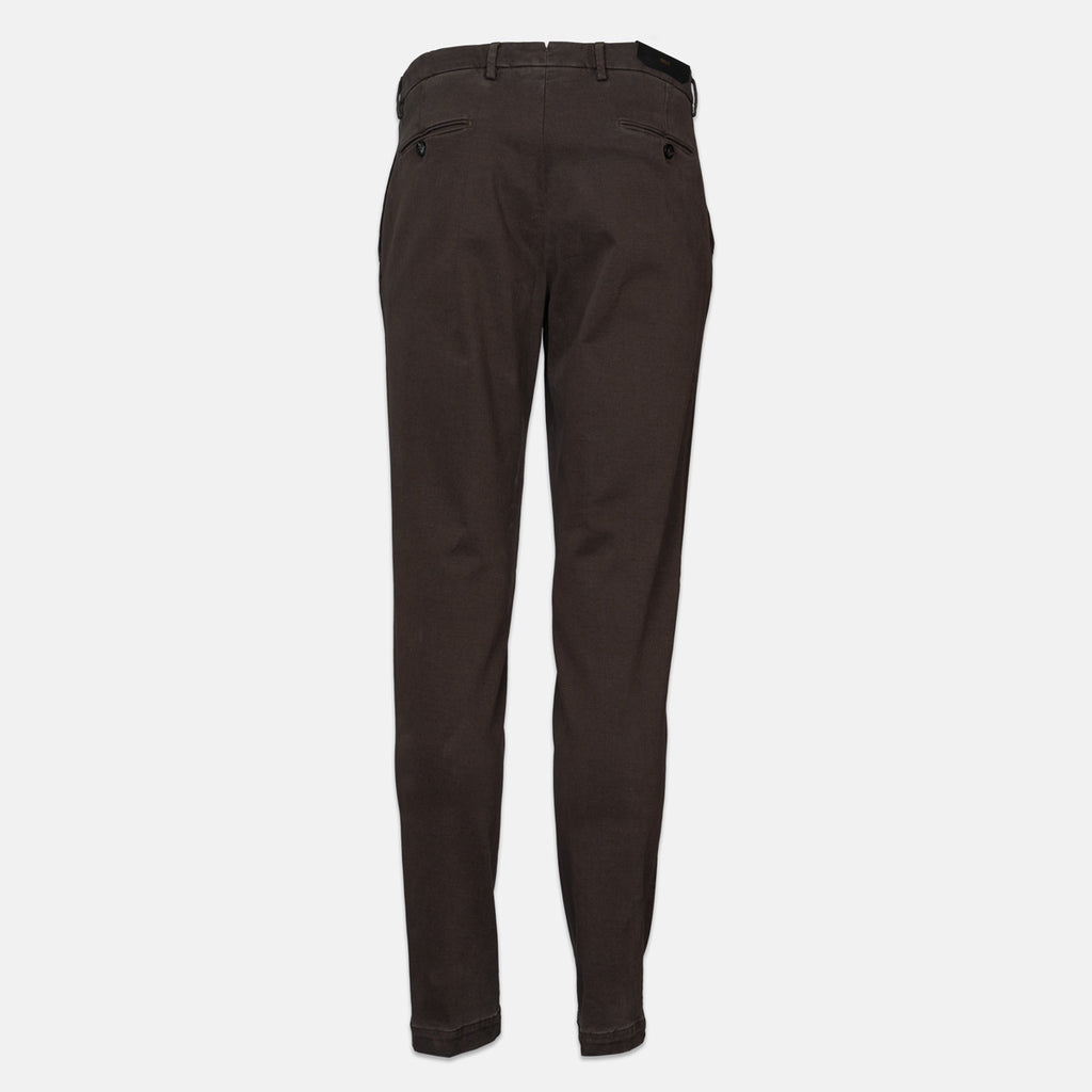 Dark brown slim-fit trousers shown from the back on a light gray background. Briglia 1949 trousers available at Sakks Menswear in Southampton.