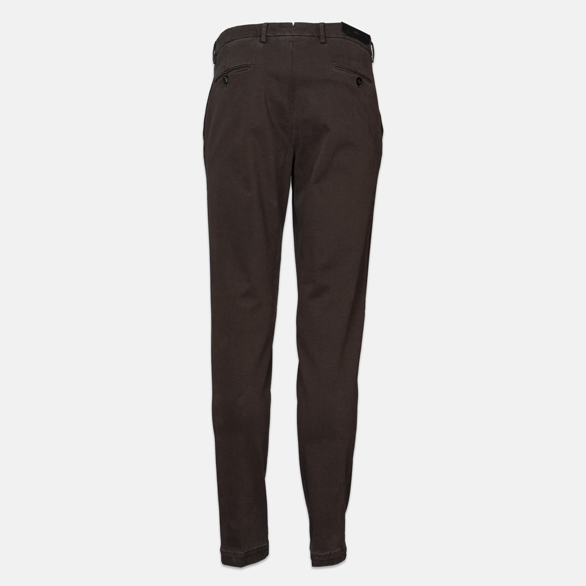 Dark brown slim-fit trousers shown from the back on a light gray background. Briglia 1949 trousers available at Sakks Menswear in Southampton.