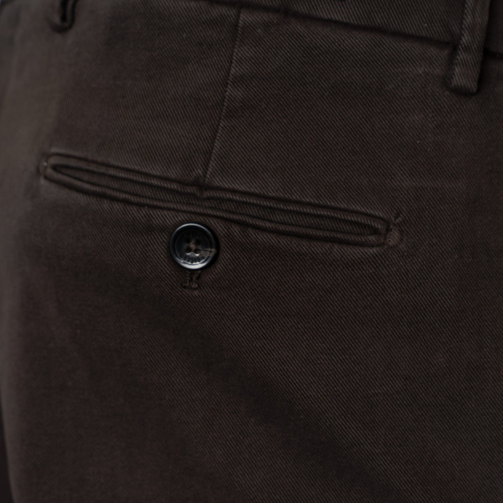 Close-up detail of dark brown trousers showing the back pocket with a button closure and the fabric texture. Briglia 1949 trousers available at Sakks Menswear in Southampton.