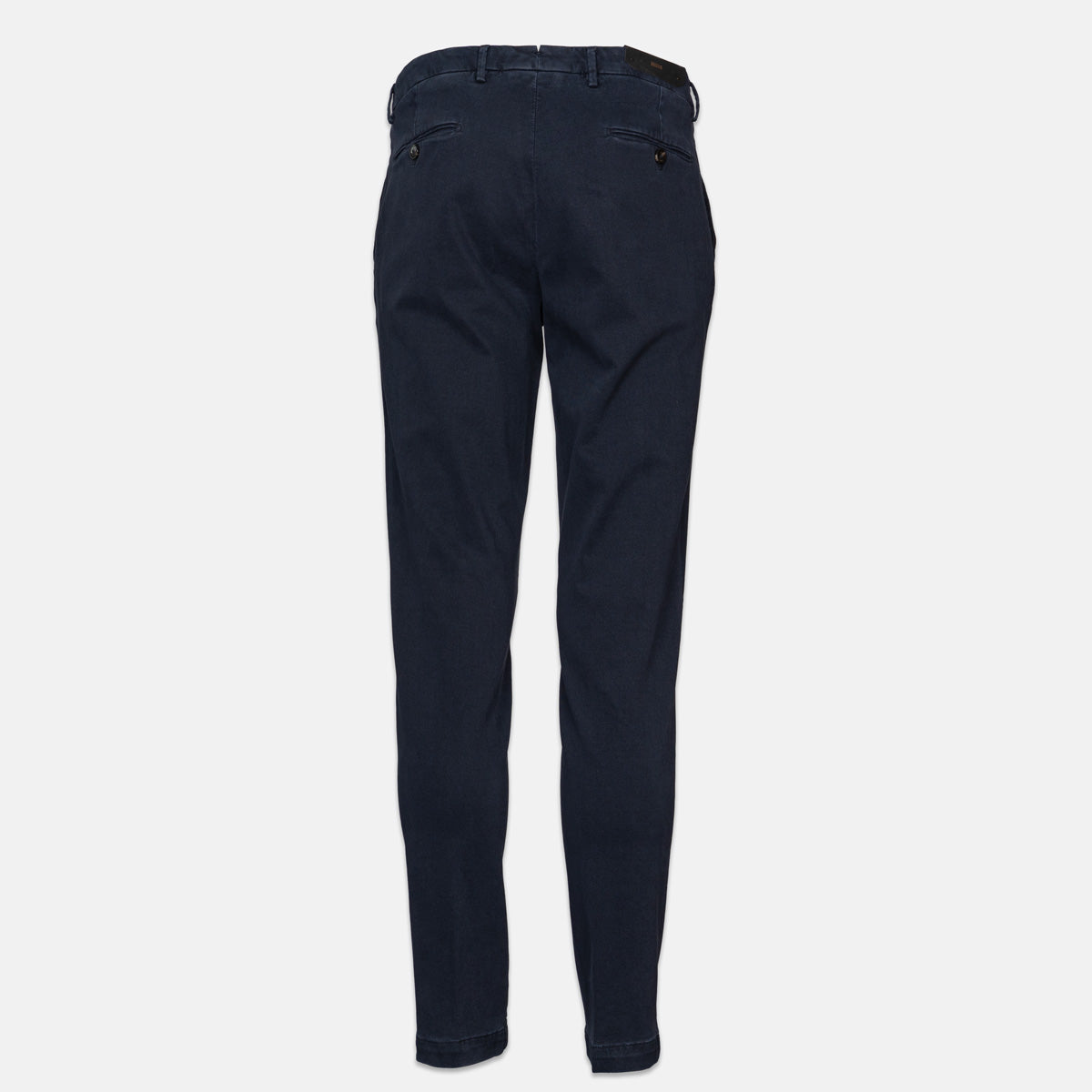 A pair of dark navy blue slim-fit trousers shown from the back, featuring a button closure and belt loops, set against a plain light gray background. Briglia 1949 Trousers available at Sakks Menswear in Southampton.
