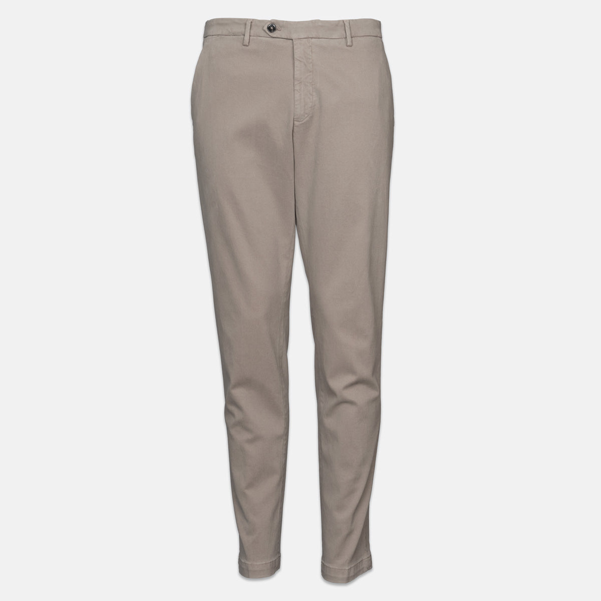 A pair of slim-fit chino pants in a light taupe-beige color, shown against a plain light gray background. Briglia 1949 trousers available at Sakks Menswear in Southampton.