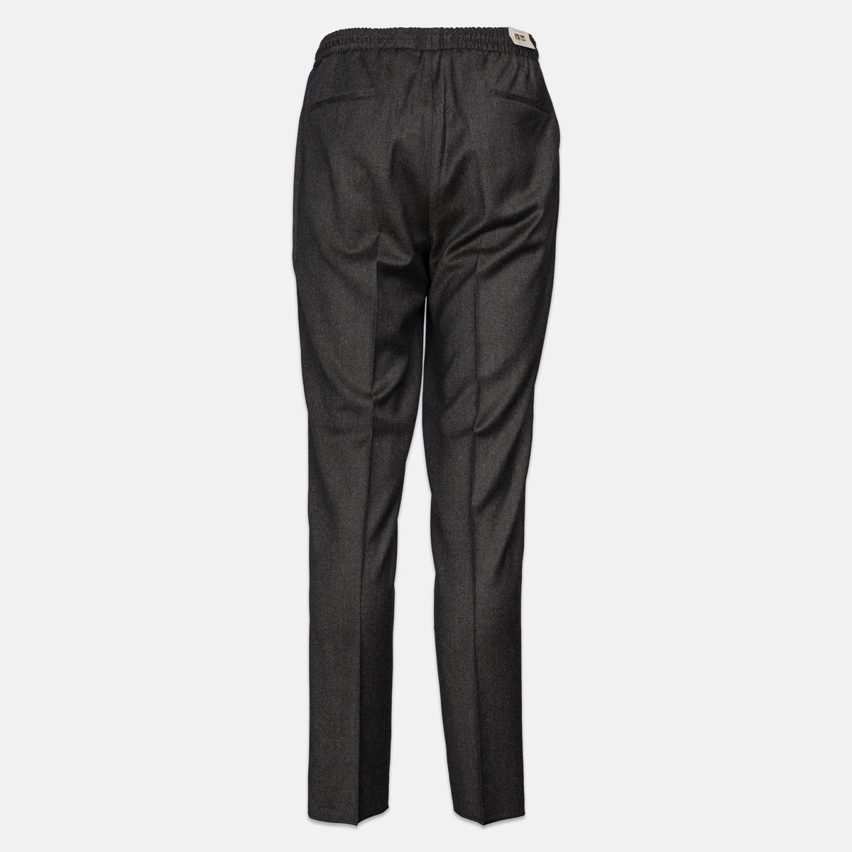 A pair of dark charcoal gray trousers shown from the back, featuring a subtle textured weave, a flat elastic waistband, and a small white brand label at the back waist. Briglia 1949 Trousers available at Sakks Menswear in Southampton.