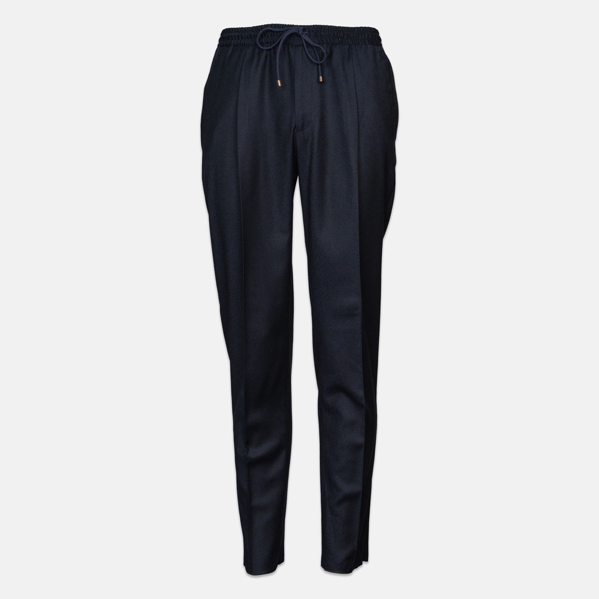 A pair of dark navy blue trousers with a drawstring waistband, shown against a plain light gray background. Briglia 1949 Trousers available at Sakks Menswear in Southampton.