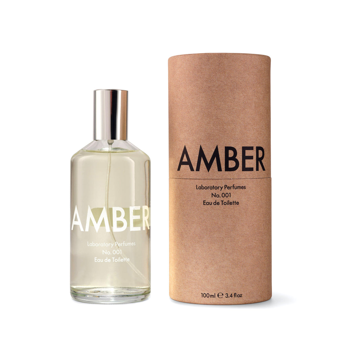 A bottle of Laboratory Perfumes No.001 Amber Eau de Toilette next to its brown kraft paper cylindrical packaging box on a white background. Laboratory Perfumes Amber available at Sakks Menswear in Southampton.