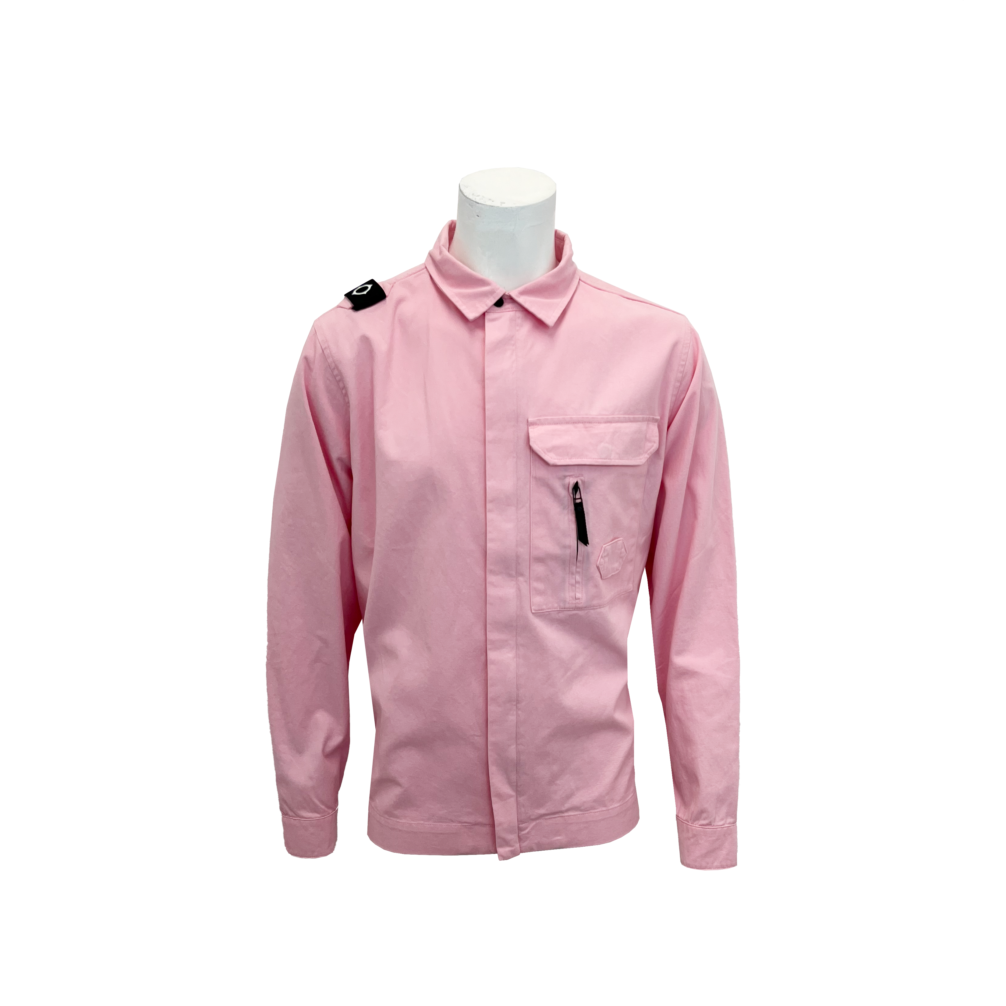 A light pink long-sleeve button-up shirt displayed on a white mannequin torso against a plain white background. The shirt features a classic collar, a front button closure, a chest pocket with a zippered pocket inside, and a small black tag on the left shoulder. MA.Strum Shirt Jacket available at Sakks Menswear in Southampton.