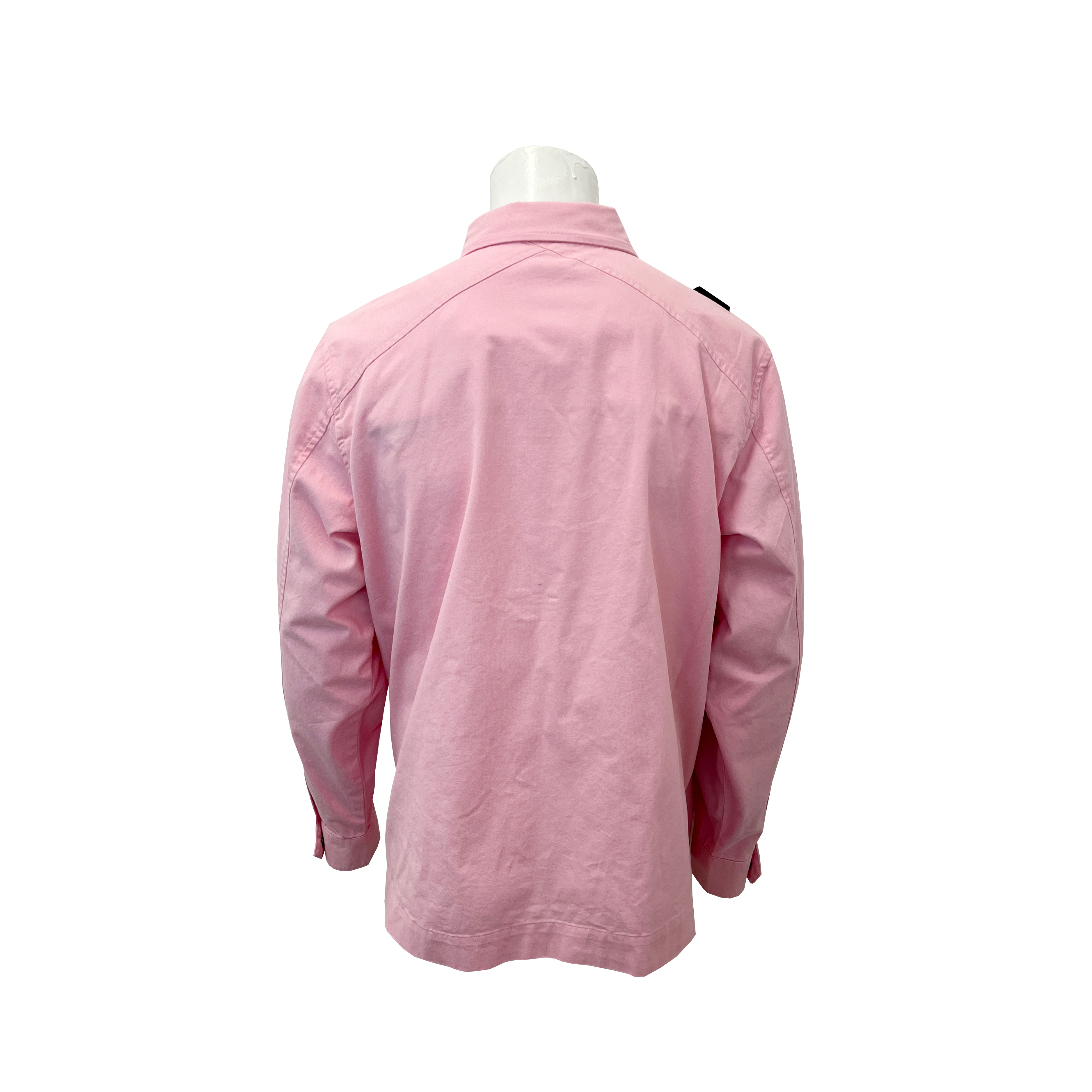 A pink long-sleeve button-up shirt shown from the back on a white mannequin torso against a plain white background. MA.Strum Shirt Jacket available at Sakks Menswear in Southampton.