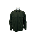 An olive green long-sleeve military-style shirt jacket with two buttoned chest pockets, displayed on a white mannequin torso against a plain white background. MA.Strum Shirt Jacket available at Sakks Menswear in Southampton.