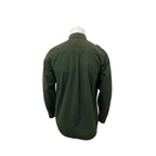 An olive green long-sleeve button-up shirt shown from the back on a white mannequin torso against a plain white background. MA.Strum Shirt Jacket available at Sakks Menswear in Southampton.