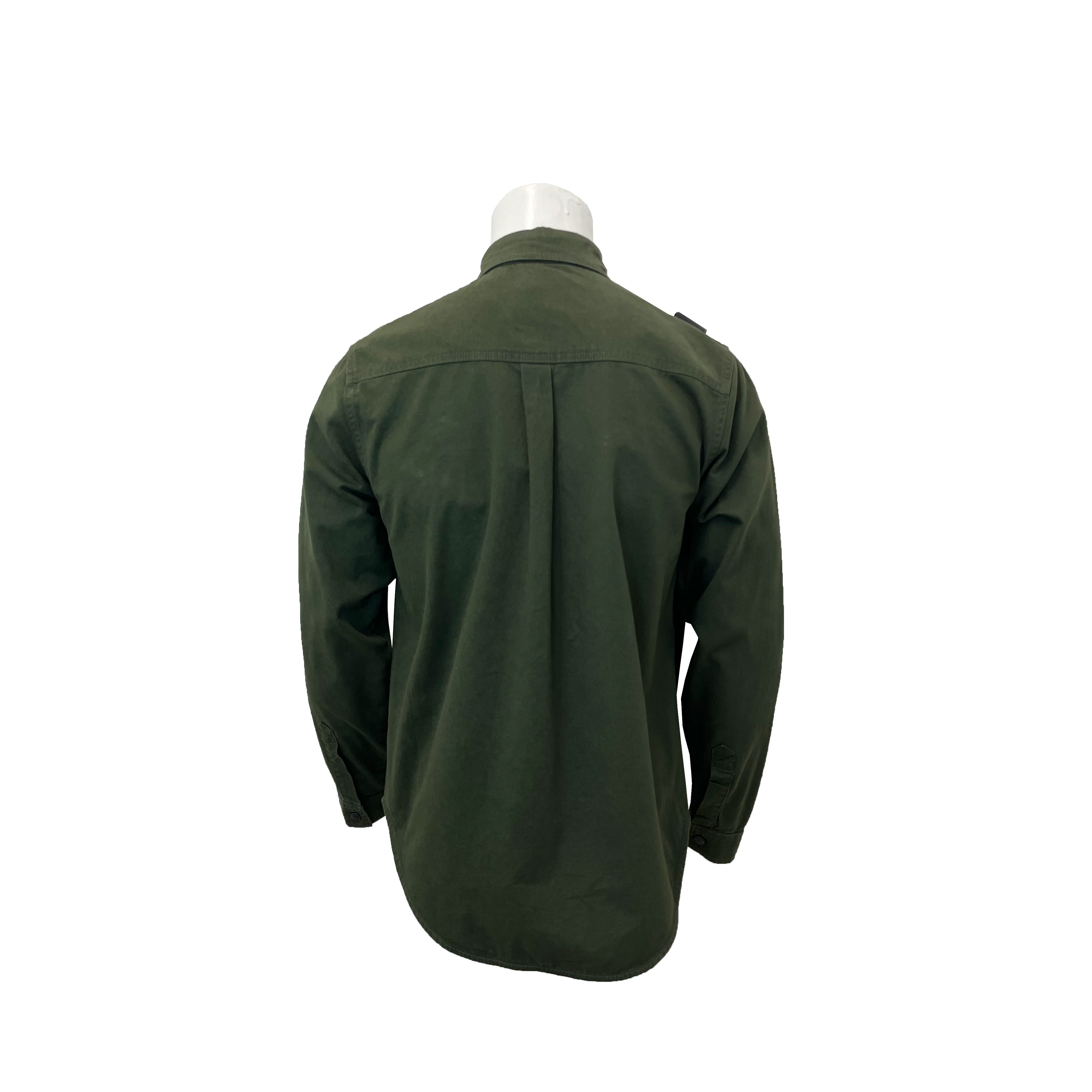 An olive green long-sleeve button-up shirt shown from the back on a white mannequin torso against a plain white background. MA.Strum Shirt Jacket available at Sakks Menswear in Southampton.