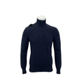 A dark navy blue quarter-zip sweater displayed on a white mannequin torso against a plain white background. MA.Strum Knitwear available at Sakks Menswear in Southampton.