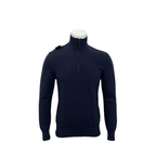 A dark navy blue quarter-zip sweater displayed on a white mannequin torso against a plain white background. MA.Strum Knitwear available at Sakks Menswear in Southampton.