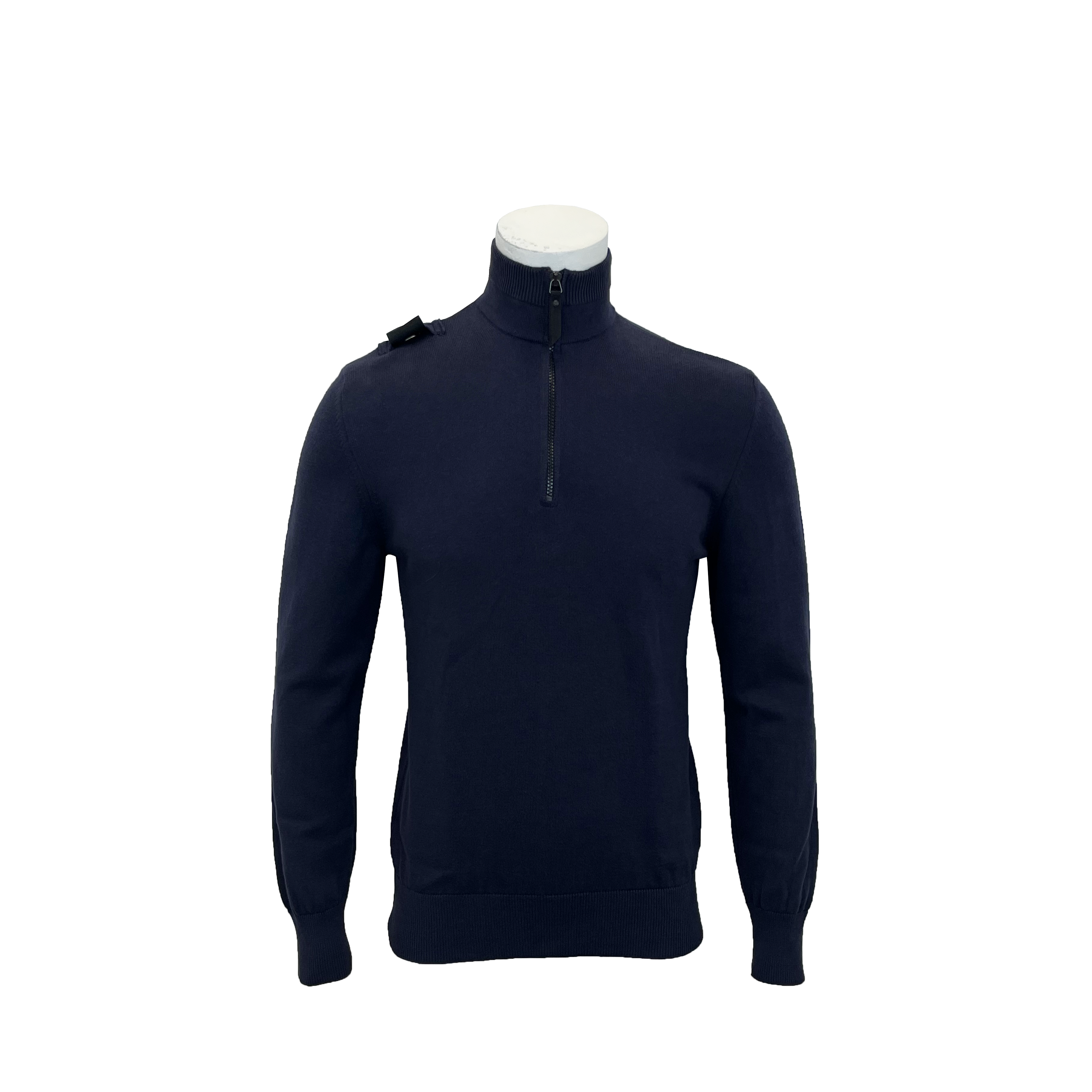 A dark navy blue quarter-zip sweater displayed on a white mannequin torso against a plain white background. MA.Strum Knitwear available at Sakks Menswear in Southampton.