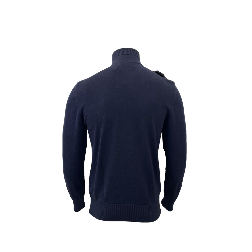 A dark navy blue long-sleeve knit sweater with a mock neck collar, shown from the back on a clean white background. MA.Strum Knitwear available at Sakks Menswear in Southampton.