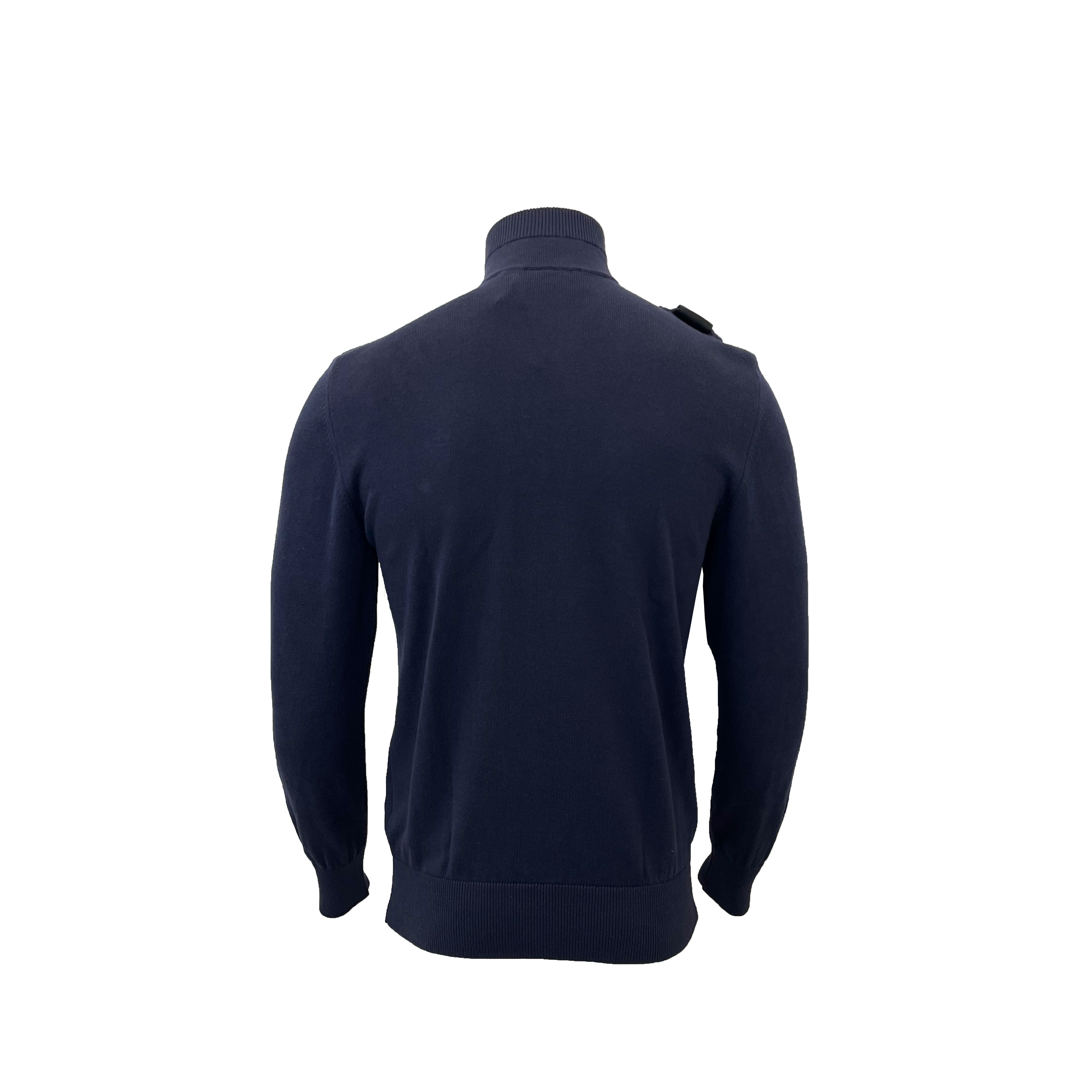 A dark navy blue long-sleeve knit sweater with a mock neck collar, shown from the back on a clean white background. MA.Strum Knitwear available at Sakks Menswear in Southampton.
