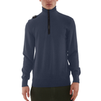 A man wearing a navy blue quarter-zip pullover sweater with a black zipper and a small black shoulder detail, shown against a plain white background. MA.Strum Knitwear available at Sakks Menswear in Southampton.