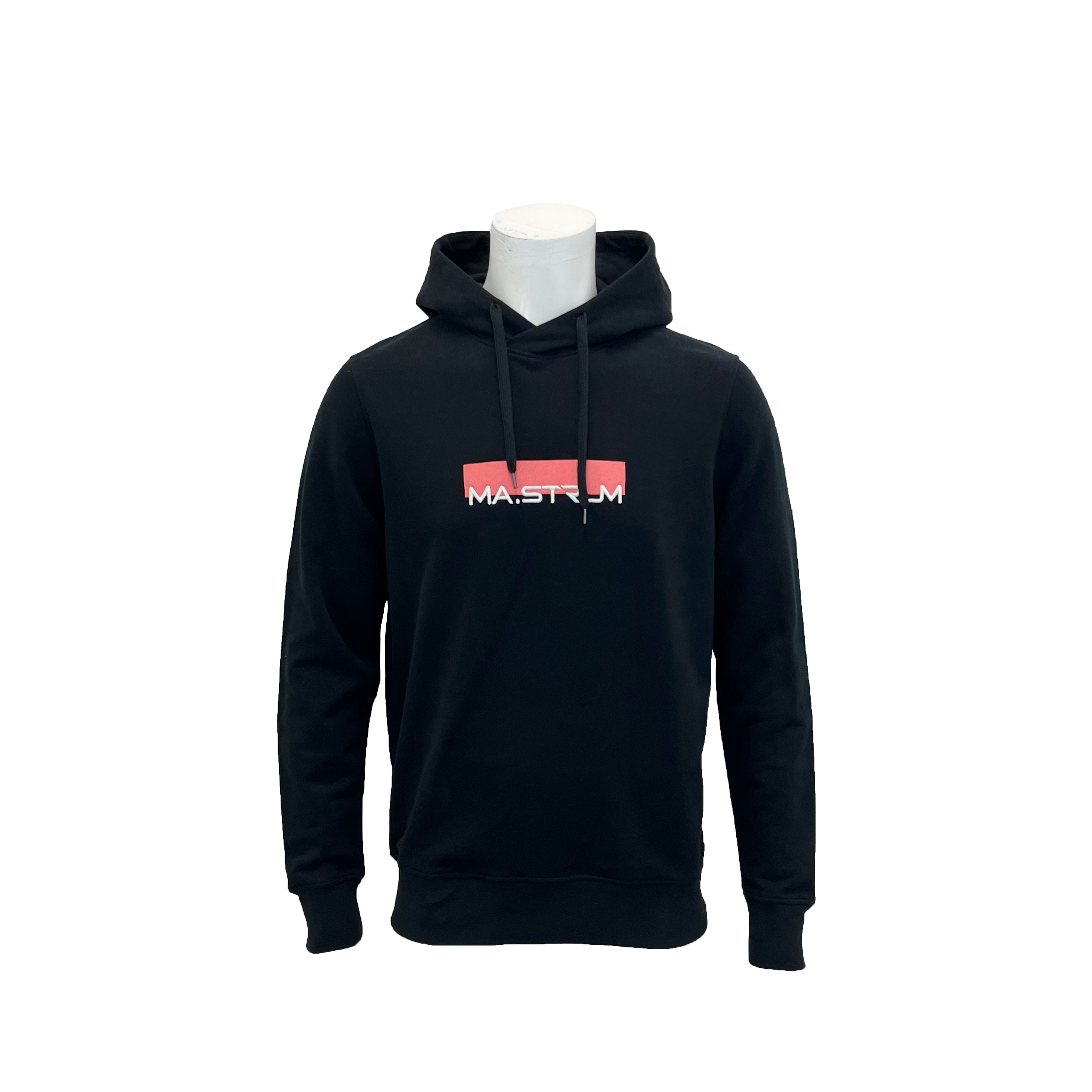 A black pullover hoodie displayed on a white mannequin torso against a plain white background. The hoodie features a drawstring hood, ribbed cuffs and hem, and a chest graphic consisting of a red rectangular block with the word 'MA.STRUM' printed in white. MA.Strum Hoodie available at Sakks Menswear in Southampton.