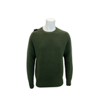 An olive green knit crewneck sweater displayed on a white mannequin torso against a plain white background. MA.Strum Jumper available at Sakks Menswear in Southampton.