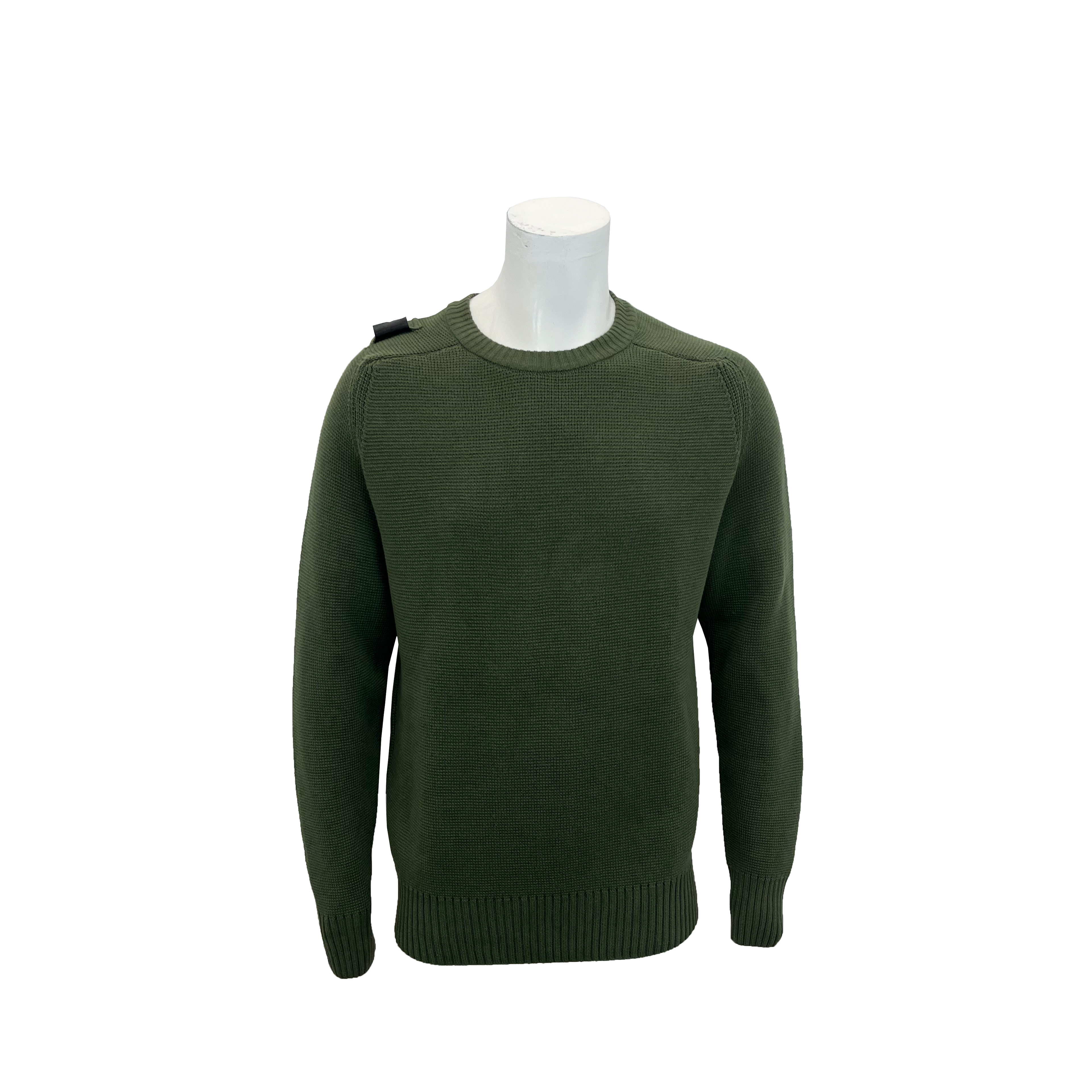 An olive green knit crewneck sweater displayed on a white mannequin torso against a plain white background. MA.Strum Jumper available at Sakks Menswear in Southampton.