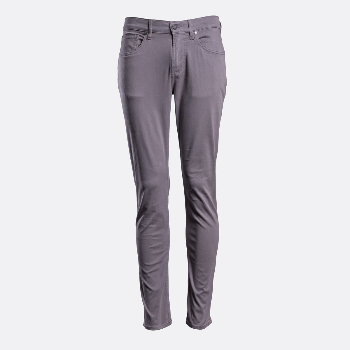 A pair of slim-fit, straight-leg jeans in a muted grayish-purple or dusty mauve color, shown against a plain light gray background. 7 For All Mankind Chinos available at Sakks Menswear in Southampton.