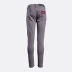 Gray slim-fit pants shown from the back, featuring a red brand patch on the back right pocket and a black waistband label. 7 For All Mankind Chinos available at Sakks Menswear in Southampton.