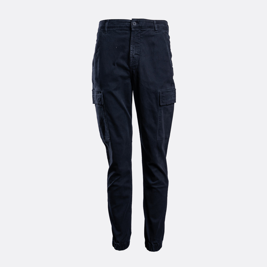 Dark navy blue cargo pants shown flat against a light gray background. 7 For All Mankind Cargo Pants available at Sakks Menswear in Southampton.