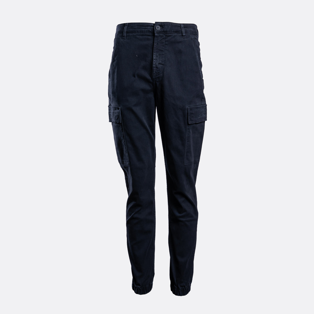 Dark navy blue cargo pants shown flat against a light gray background. 7 For All Mankind Cargo Pants available at Sakks Menswear in Southampton.