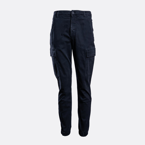 Dark navy blue cargo pants shown flat against a light gray background. 7 For All Mankind Cargo Pants available at Sakks Menswear in Southampton.